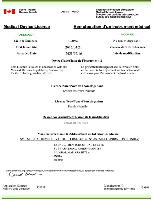 Hysterometer Probe Health Canada Licence 96894 16 Feb 2021