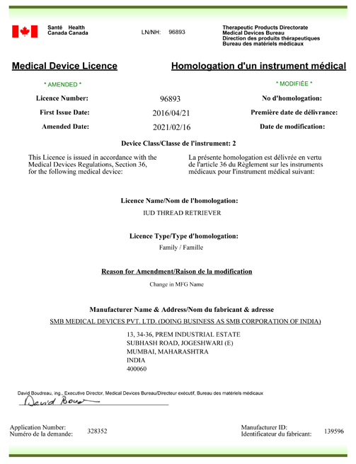IUD Thread Retriever Health Canada Licence 96893 16 Feb 2021
